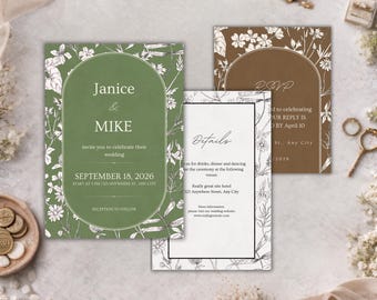 Botanical Green and Brown Wedding Invitation Suite | Elegant Floral Canva Template, Editable Invite Set