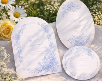 Blue Floral Arch Wedding Invitation Suite, Garden Daisy Summer Template, Printable Elegant Romantic Set