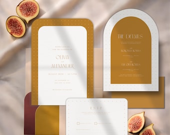 Arch Wedding Invitation Suite: Minimalist Gold, Neutral Canva Template (Digital Download)