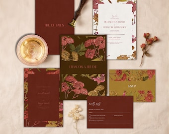 Luxury Autumn Wedding Invitation Canva Template | Moody Burgundy Floral Stationery Suite | Elegant Printable Design