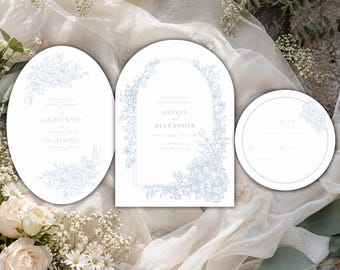 Conjunto de invitaciones de boda con arco floral azul, plantilla de margaritas de jardín para verano, conjunto elegante y romántico para imprimir.