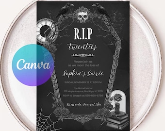 Death to My 20s Invitation Template | Editable 5x7 Canva Card | Funny 30th Birthday Party Invite | Digital Download Black Silver Theme