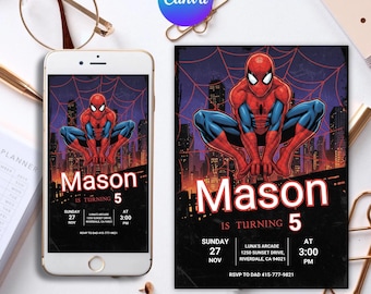 Spidey Birthday Invitation, Editable Spiderman Birthday Invite Canva Template