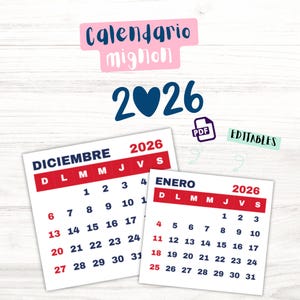Puede incluir: Un diseño de calendario digital para 2026, con los meses de diciembre y enero. El diseño incluye el texto "Calendario mignon" y "2026" con un símbolo de corazón. El calendario está etiquetado como "PDF" y "Editables".
