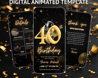 40th Birthday Invitation Template | Editable Canva 5x7 Card | Cheers to 40 Years Party Invite | Printable Black Gold Birthday Invitation