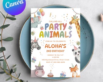 Calling All Party Animals Safari Birthday Invitation, Editable Jungle Animal Card Printable, Zoo Theme Kids Wild Party Canva Template