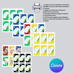 Puede incluir: Un conjunto de cartas de juego coloridas con varios números y símbolos. Las cartas presentan un diseño ovalado blanco sobre un fondo de color. La imagen también incluye un icono de impresora y el logotipo de Canva.