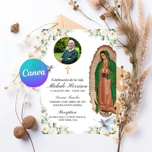 May include: A memorial card with a photo of a man, a religious illustration, and floral accents. The card includes text in Spanish and English, with the name "Michale Herrison" and dates. The Canva logo is visible.