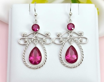 Sterling Silver Pink Ruby Dangle Earrings – Vintage Teardrop Gemstone Drops Gift for Women