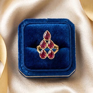 Handmade Red Ruby Ring in 925 Sterling Silver, Pear Cut Multi Stone Cluster Ring, Boho Statement Jewelry for Women, July Birthstone Gift