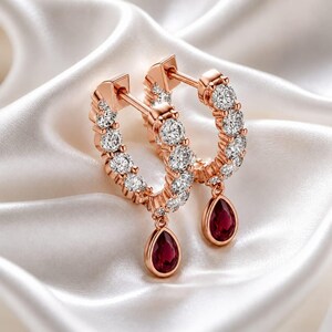 Ruby Hoop Earrings with Red Pear-Cut and Moissanite Accents in Sterling Silver