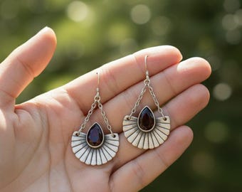 Boho Sterling Silver Fan Earrings | Red Garnet Gemstone Dangle