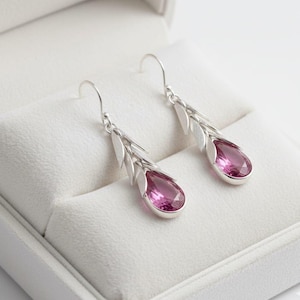 Handmade Sterling Silver Pink Teardrop Dangle Earrings: Leaf Design