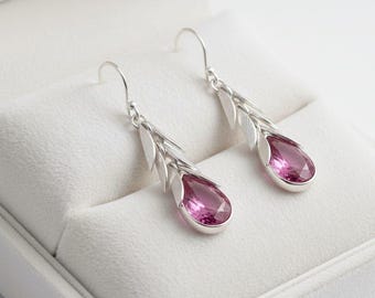 Handmade Sterling Silver Pink Teardrop Dangle Earrings: Leaf Design