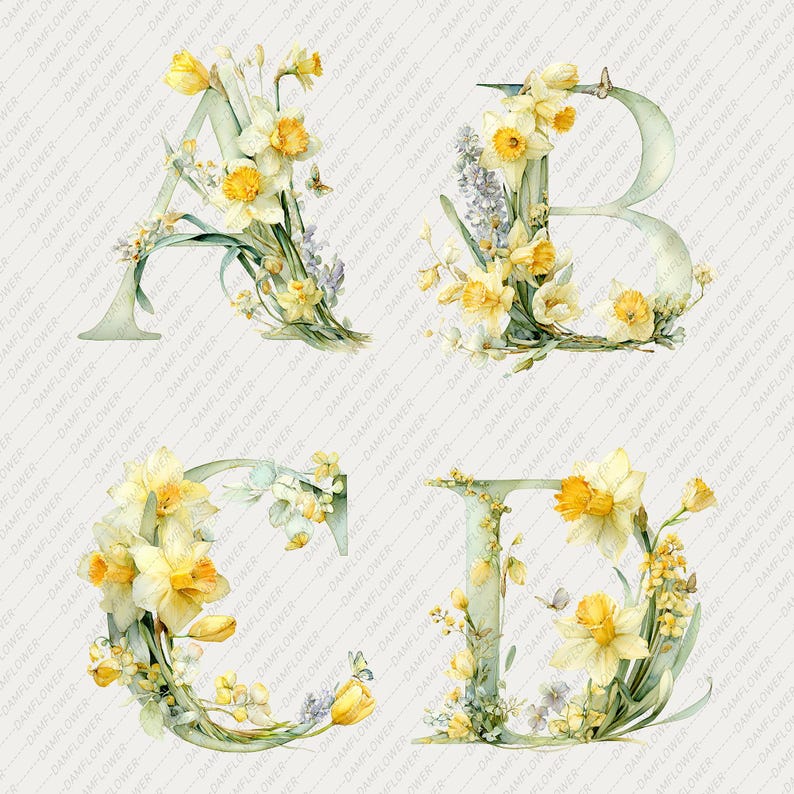 Daffodil Alphabet Clipart Watercolor Floral Alphabet PNG for ...
