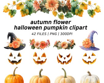 Watercolor Halloween Pumpkin Clipart Bundle Jack O Lantern PNG Transparent Autumn Pumpkins Digital Download for Sublimation and Printing