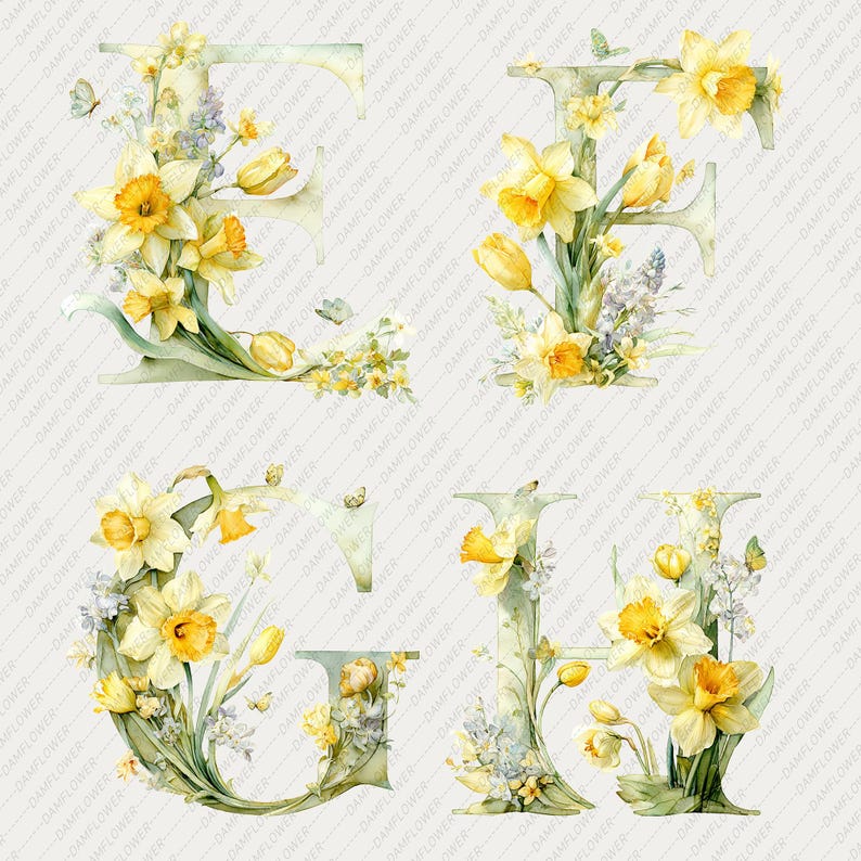 Daffodil Alphabet Clipart Watercolor Floral Alphabet PNG for ...