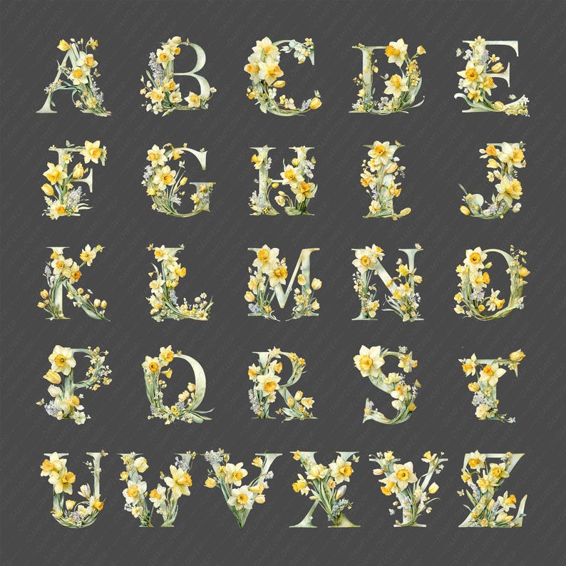 Daffodil Alphabet Clipart Watercolor Floral Alphabet PNG for ...
