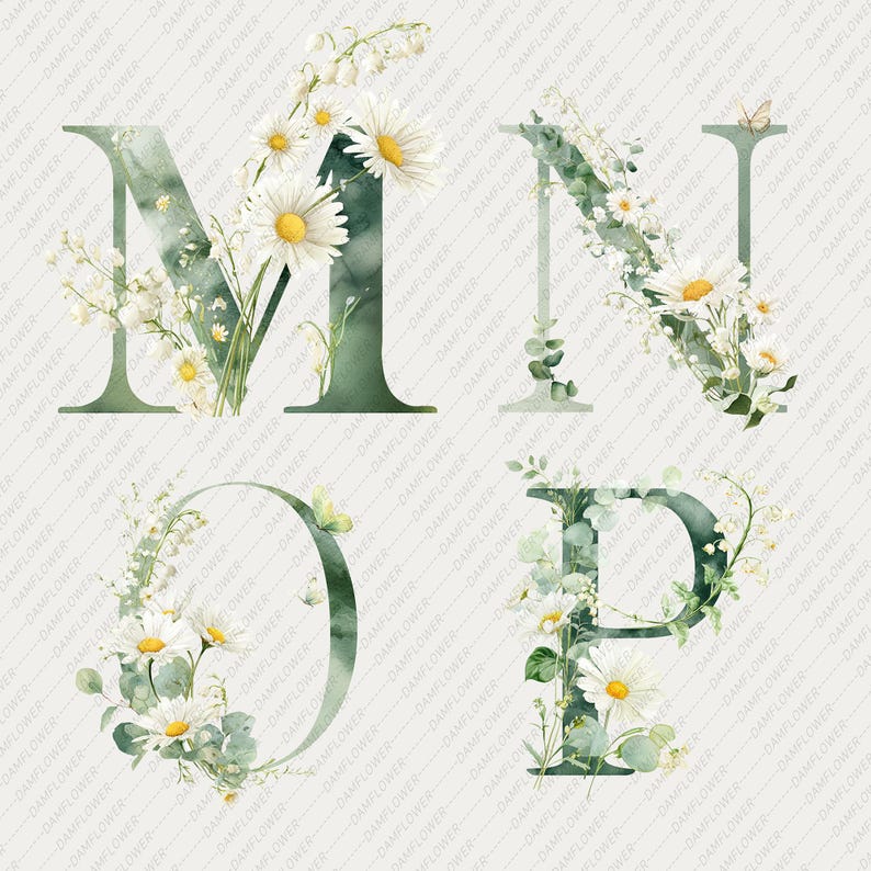 Watercolor Daisy Alphabet Clipart Floral Alphabet PNG Daisy Letter PNG ...