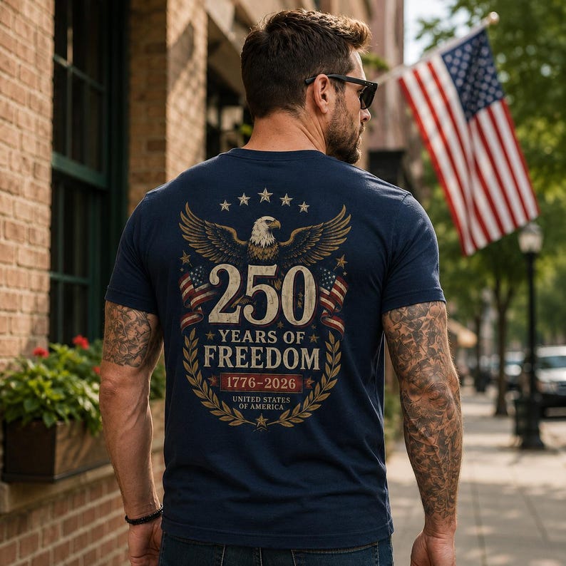 May include: A navy blue short-sleeve t-shirt featuring a graphic on the back. The design includes a bald eagle, the text 250 YEARS OF FREEDOM, the dates 1776-2026, the words UNITED STATES OF AMERICA, and two American flags framed by a laurel wreath.