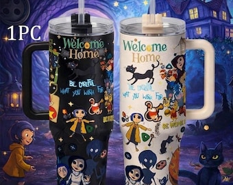 Coralin.e Langlebiger, isolierter Becher 40 Unzen mit Griff und Deckel, Edelstahlbecher mit gruseligem Katzenmuster, Kaffeewasserflasche mit großer Kapazität