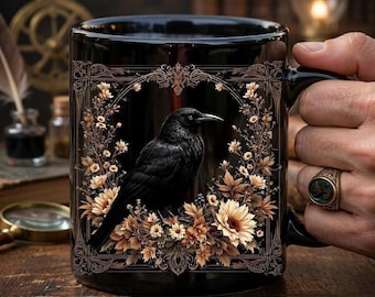 Gothic Raven & Renaissance Filigrane Tasse Dark Academia Kaffeetasse, Goblincore Raven Liebhaber Geschenk, Gothic Ästhetik Tasse, 11oz, 15oz