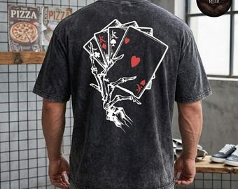 Skeletal Hand Playing Cards Washed Tee/ Hoodie – Gothic Skeleton unisex Shirt, Edgy Skull Card Design, Grunge Fashion Streetwear