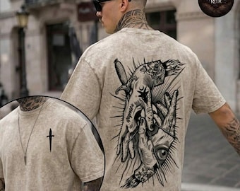 Gothic Hand Dagger Washed Tee – Dark Vintage Streetwear, Edgy Tattoo-Inspired Shirt with Skull & Eye Design, Alternative Fashion