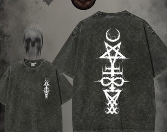 Mystical Symbols Washed Tee – Gothic Typography Shirt, Dark Aesthetic Tee, Alternative Fashion with Occult Design