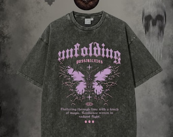 Unfolding Possibilities Butterfly Graphic Tee –   Gothic Butterfly, Occult Symbols, Dark Shirt "Fluttering Through Time", Washed  Shirt