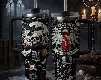 Shine Down Victory Skull 40oz Tumbler With Handle – Dark Rock Fan Cup, Gothic Skull, Bat & Wings Design with Quotes,Rock Music Fan Drinkware