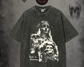 Rest in Ecstasy Graphic Tee – Gothic Skull and Statue Design, Washed Cotton Streetwear, Dark Art Shirt
