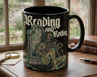 Lese und Verrottung Zombie Becher - Horror Bücherwurm Kaffeetasse - Gruseliger Bibliothekar & Goth Leser Geschenk - Schwarze Keramikbecher 11oz, 15oz, okkultes Geschenk