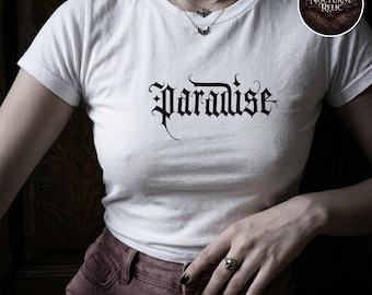 Paradise Gothic Font Baby Tee, Black Y2K Alt Girl Shirt, Whimsigoth Grunge Fitted Top, 90s Aesthetic Micro Rib Tee, Old English Shirt