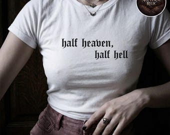 Half Heaven Half Hell Gothic Baby Tee, Y2K Alt Girl Shirt, Whimsigoth Dark Coquette Top, White Micro Rib Fitted Tee, 90s Grunge Aesthetic