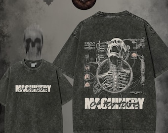 Machinery of Decay Wash Tee – Skeleton and Industrial Graphic Design, Dark Art Streetwear, Gothic T-Shirt
