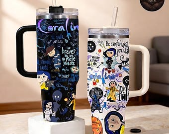 Coraline Langlebiger Thermobecher 40 Unzen mit Griff und Deckel, Edelstahlbecher mit gruseligem Katzenmuster, Kaffeewasserflasche mit großer Kapazität