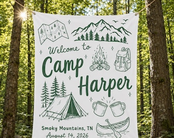 Custom Camp Bachelorette Party Tapestry, Camping Bachelorette Banner, Forest Bridal Shower Backdrop, Camp Bach Party Decor