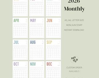 Calendario de pared arcoíris pastel 2026, tamaño carta (PDF imprimible)