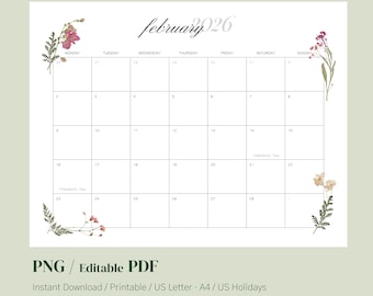 Calendario de febrero de 2026 / Imprimible con diseño floral minimalista (PDF + PNG)