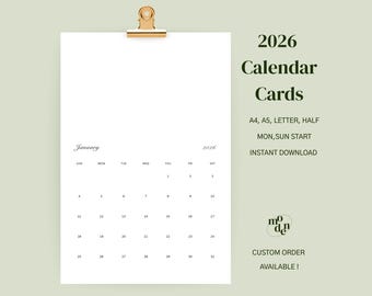 Tarjetas del Calendario Mensual 2026: Diseño Elegante con Retrato (Descarga Digital)