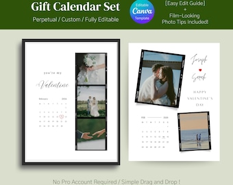 Calendario fotográfico personalizado para San Valentín / Plantilla editable de Canva / Recuerdo imprimible para parejas