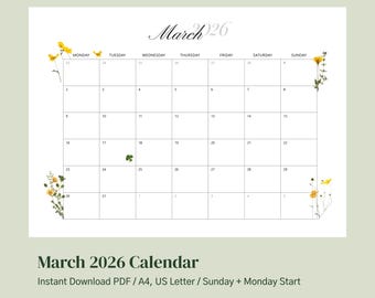 Calendario imprimible de marzo de 2026, planificador minimalista con diseño floral (descarga digital)