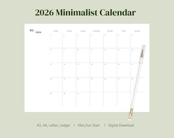 Calendario mensual minimalista 2026, planificador moderno, sencillo y limpio (PDF) (Descarga digital)