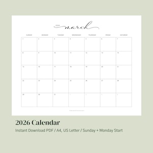 Calendario 2026 rellenable/editable para imprimir en PDF l Calendario elegante y sencillo con escritura l Comienza el domingo y el lunes - Carta, A4 Descarga digital