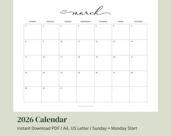 Calendario 2026 rellenable/editable para imprimir en PDF l Calendario elegante y sencillo con escritura l Comienza el domingo y el lunes - Carta, A4 Descarga digital