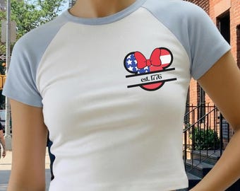 USA Flag Bow T-Shirt Women – Patriotic 1776 Crop Tee, American Independence Shirt, 4th of July Outfit, Cute USA Graphic Tee