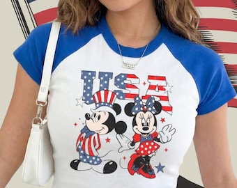 Camiseta de EE. UU. para mujer, camiseta patriótica de dibujos animados para pareja, camiseta corta con la bandera de EE. UU., top retro con estampado bonito, conjunto de verano para el 4 de julio.