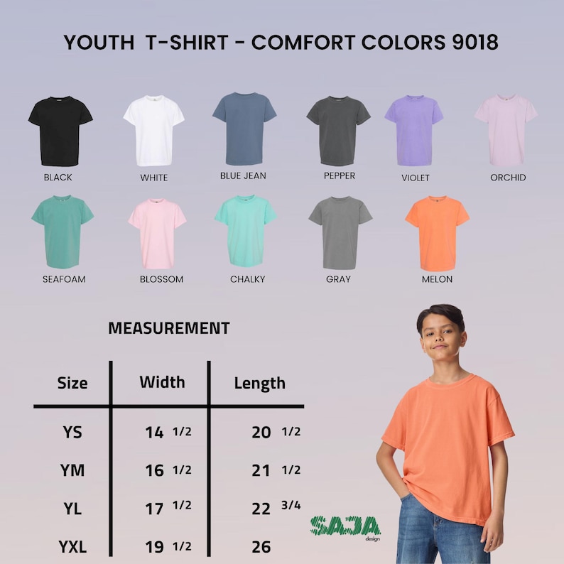 Op de afbeelding: Een jeugd-T-shirt in meloenkleur wordt getoond. De afbeelding toont T-shirts in verschillende kleuren: zwart, wit, blauwe spijkerbroek, peper, violet, orchidee, zeegroen, bloesem, krijtachtig en grijs. Afmetingen worden verstrekt.