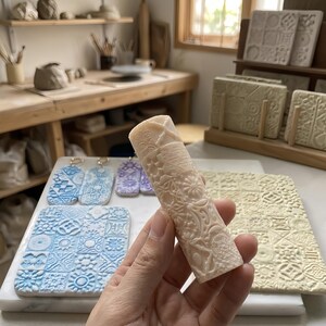 Embossed Rolling Pin, Mosaic Tile Texture Roller, Geometric Clay Tool, Biscuit Embosser